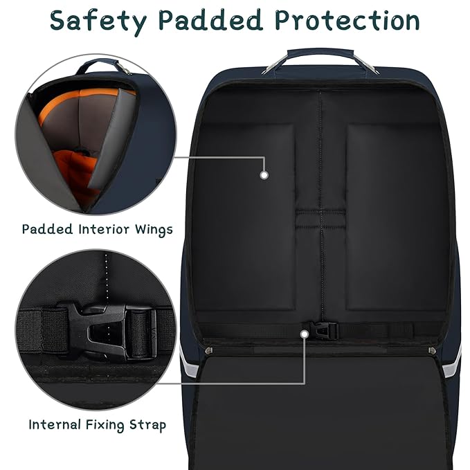 Car Seat Travel Bag - Padded Car Seat Carrier with Steel Cable Handle and Reflective Stripes, Large Durable Airport Gate Check Bag, Blue