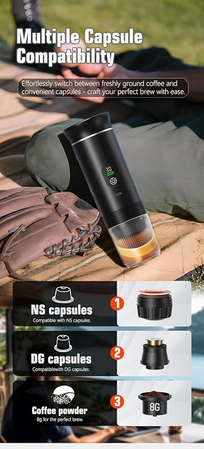 Portable Electric Coffee Maker, Digital Display, Compatible with Coffee Pods,Rechargeable Coffee Machine for Travel, Camping, RV,Home,Office (grey)