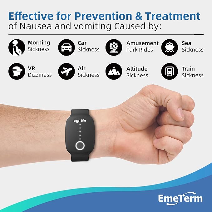 EmeTerm Fashion FDA-Cleared Relieve Nausea Electrode Stimulator Morning Sickness Motion Travel Sickness Vomit Relief Rechargeable No Gel Drug Free Wristbands Without Side Effects (2 Pack)