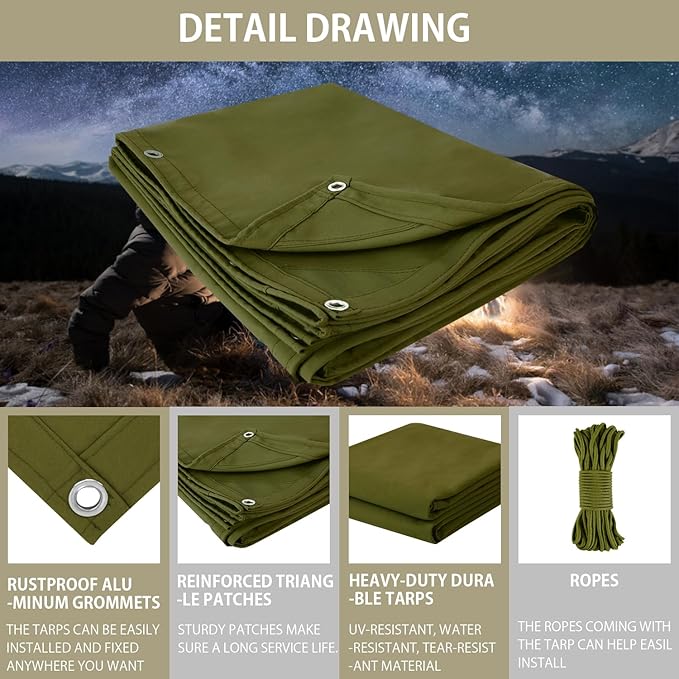 FoundGo Canvas Tarp 10x20ft Heavy Duty Waterproof Tarps with Grommets, UV Resistant, 22 Mil Tarpaulin,14 oz Durable Cloth Covers for Car, Roof, Boat, Camp, Canopy, Woodpile with Ropes-Moss