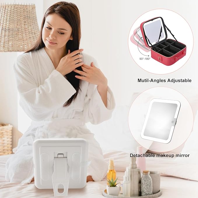 Mocado Travel Makeup Bag with LED Lighted Mirror,Travel Makeup Organizer,Makeup Case with 3 Color Lighted Setting and 10x Magnifying Mirror,Portable Storage and Adjustable Dividers Makeup Box(Red)