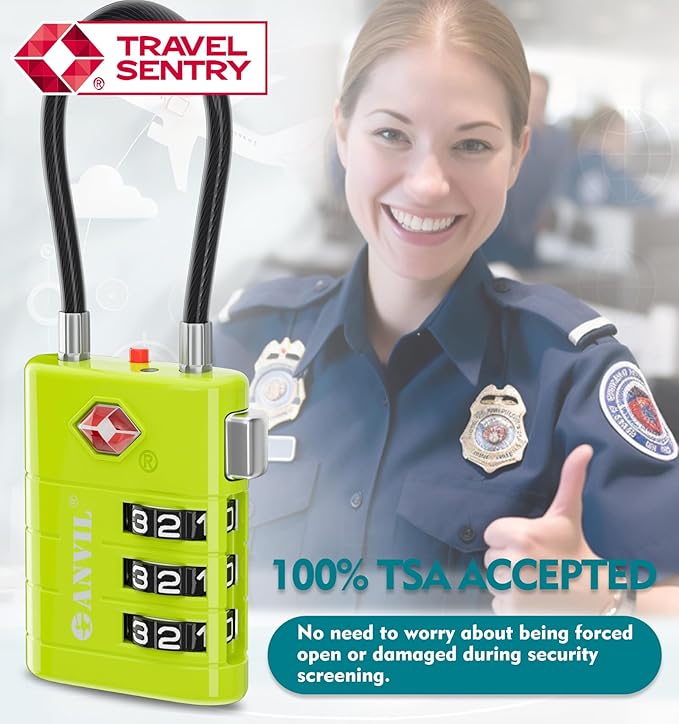 ANVIL TSA Approved Luggage Locks – High Security TSA008 Combination Travel Locks with Inspection Indicator for Suitcases and Backpacks. (2, Grass Green)