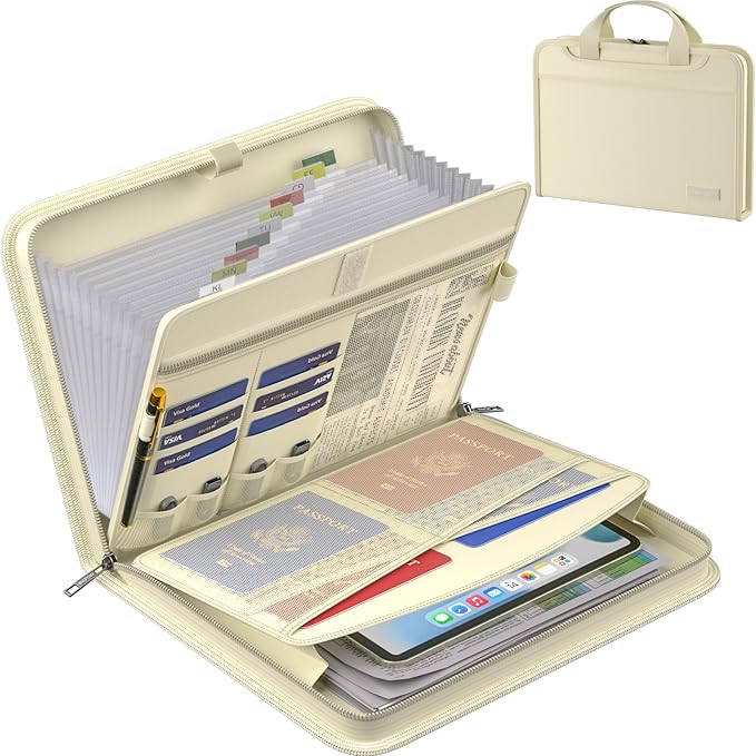 ENGPOW Accordion File Organizer,Fireproof Expanding File Folder with Multi Pockets,13 Pockets Document Organizer Bag with Handle & Labels,Portable Home Travel Safe Storage for Letter A4 Files,Beige
