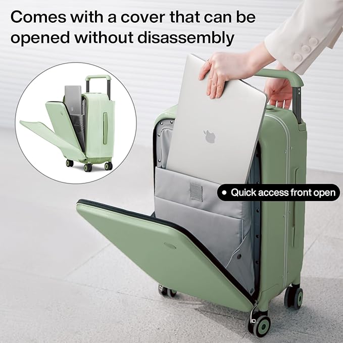 mixi Carry On Luggage Wide Handle Luxury Design Rolling Travel Suitcase PC Hardside with Aluminum Frame Hollow Spinner Wheels, with Cover, 20 inch, Avocado Green