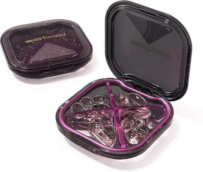 1 Pack Small Purple Pill Organizer, 4 Compartments, Compact Stylish Cute Travel Camping Pill Box Daily Medicine Pill Case, Portable and Moistureproof to Store Vitamins, Medication and Supplements