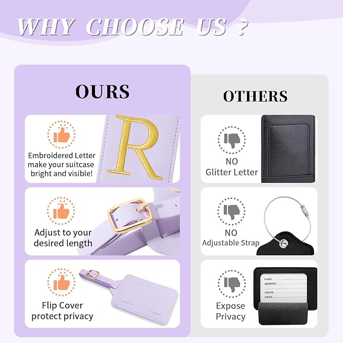 Personalized Initial Luggage Tags for Suitcase, Purple Leather Cute Luggage Tags with Privacy Cover Name Card, Embroidered Custom Monogrammed Luggage Tag Travel Backpack Tags Gifts for Women Kids(R)