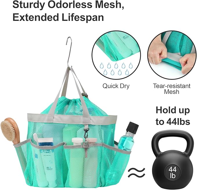F-color Mesh Shower Caddy Portable with Drawstring - Upgrade Deeper 7 Pockets Dorm Room Essentials for Guys Girls with S Hook, Shower Bag Basket Tote for College Camping Bathroom, 2 Pack Mint Green