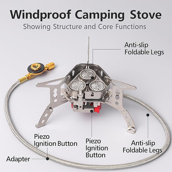 Windproof Camping Stove, Portable Camping Stove with Piezo Ignition, Collapsible Design with Carrying Casefor Outdoor Hiking, Backpacking, Picnic & Emergency Cooking (6800W)