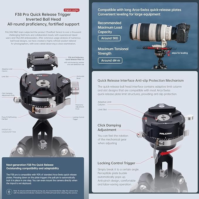 Falcam TreeRoot F38 Pro Carbon Fiber Tripod, 61" Quick Lock Travel Tripod with 360° Ball Head, 5kg Load, F22 Interfaces, 1/4" Screw, Carry Strap Holes for DSLR, Mirrorless, and Video Cameras