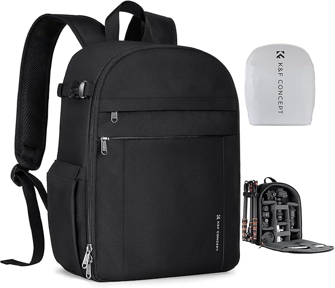 K&F CONCEPT Lightweight Camera Backpack Bag, Professional Photography Bag Compatible with Canon/Nikon/Sony Camera and Lens Accessories, Camera Case with Tripod Strap & Rain Cover