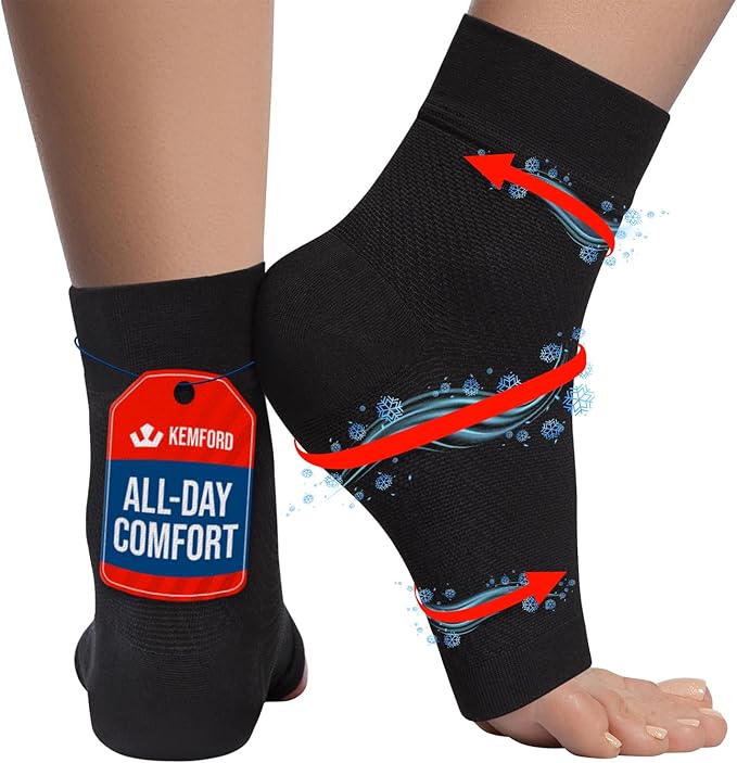 KEMFORD Ankle Compression Sleeve with Cooling Effect - Plantar Fasciitis Braces - Open Toe Compression Socks for Swelling, Sprain, Neuropathy, Arch Support for Men and Women - L, Black