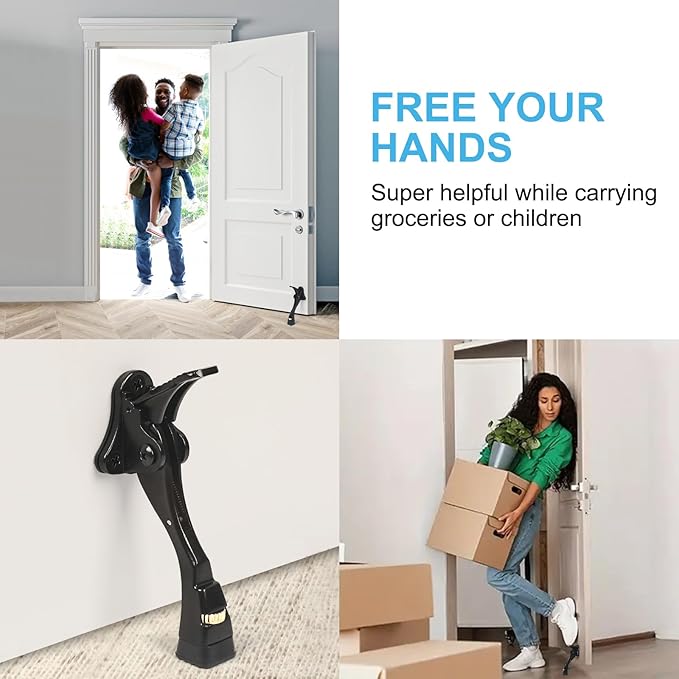 2 Packs Heavy Duty Kickdown Door Stopper, One Touch Adjustable Kickdown Door Stop for Heavy Doors, 4 in Metal Door Kickstand with Rubber Tip & Wall Protectors for Wide Doors- Black