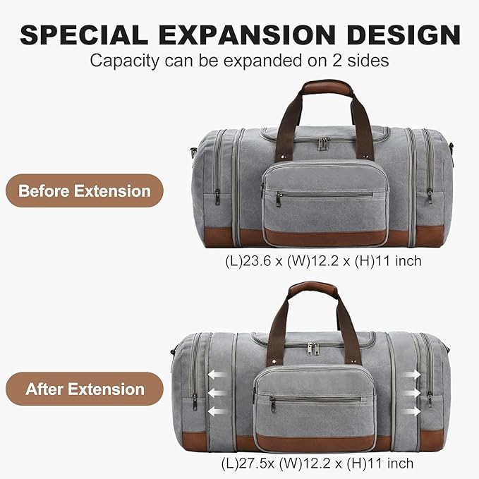 Litvyak Duffle Bag for Travel, Large 60L Canvas Travel Duffel Bags Overnight Weekend Gym Carry On Luggage Bag for Men & Women(Grey)