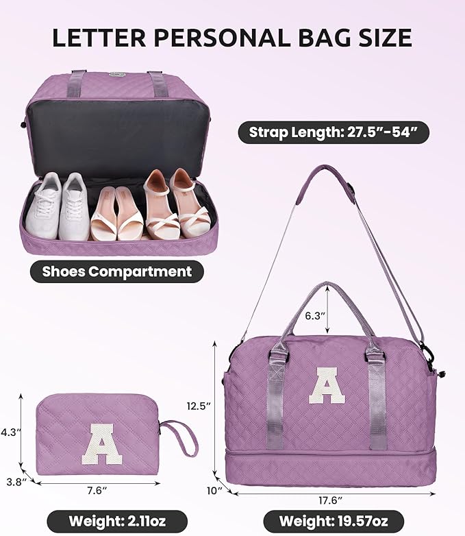 Gift for Women-Initial Teenage Girl Duffle Bag with Shoe Compartment, Personalized Weekender Bag, Monogram Overnight Bag for Kids, Letter Travel Bag with Makeup Bag, Gift for Women (Letter A)