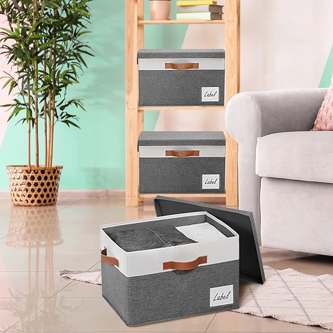 GhvyenntteS Extra Large Storage Bins with Lids 6 Pack, Foldable Fabric Storage Boxes with Lids and 3 Leather Handles, Storage Baskets with Label Window (Grey, 15.75" x 11.8" x 10.2")