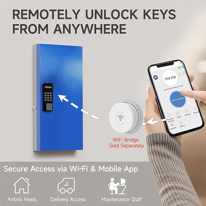 WeHere 48 Key Lock Box Wall Mount, APP Bluetooth/OTP/Wi-Fi Remote/Fixed Code/Key Unlock, Smart Key Cabinet, Key Organizer Holder Box, Key Management Directory for Apartment, Hotel, Office, House
