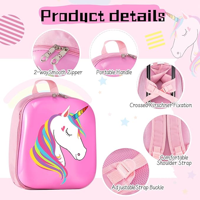 Sanwuta 4 Pcs Kids Luggage Set Kids Backpack Travel Rolling Suitcase with Wheels U-shape Pillow Childrens Gift for Girls Boys(17 Inch,Unicorn Style,Pink)