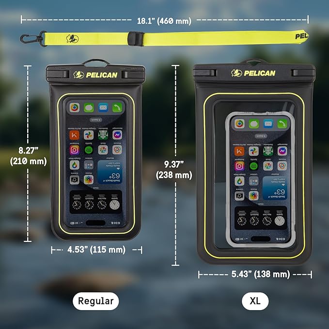 Pelican 2 Pack Marine - IP68 Waterproof Phone Pouch (Regular Size) Floating Waterproof Phone Case - Beach Cruise Ship Travel Essentials - Works w/All Phones - Detachable Lanyard - Black/Hi-Vis Yellow