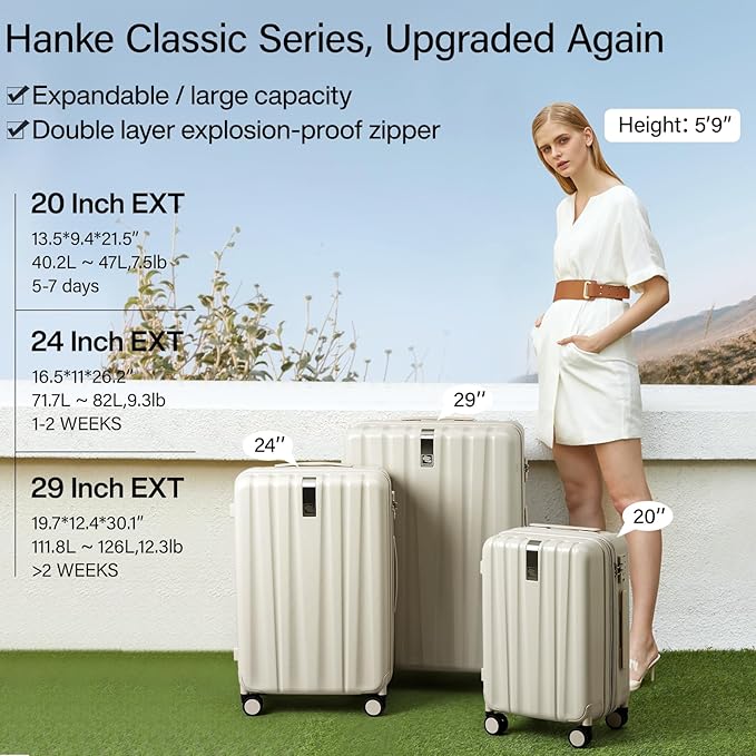 Hanke 29 Inch Expandable Checked Luggage Lightweight PC Hard Shell Luggage Suitcases with Wheels Travel Luggage Rolling Large Suitcase Travel Luggage Bag for Study Abroad.(Ivory White)