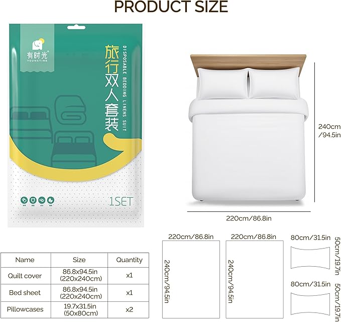 YOUNGTIME Disposable Bed Sheets for Travel,Disposable Portable Bedding Set with 4 Bed Sheet 4 Quilt Cover and 8 Pillowcase for Hotel & Trips,4 Pack