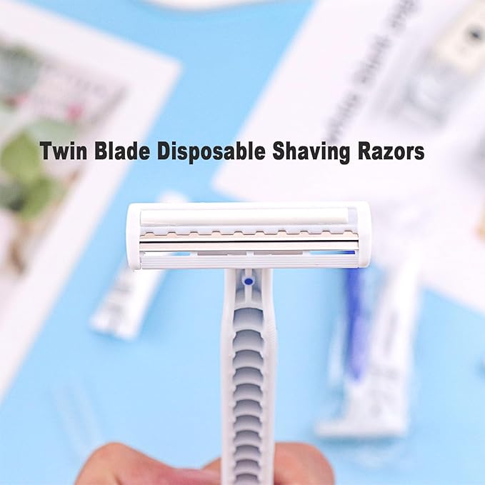 Disposable Razors in Bulk Pack of 120,Blue Disposable Shaving Razors Individual Wrapped Twin Blade Bulk Disposable Razors with Clear Cap and 10g Shaving Cream for Homeless,Hotel,Travel,Charity,Shelter