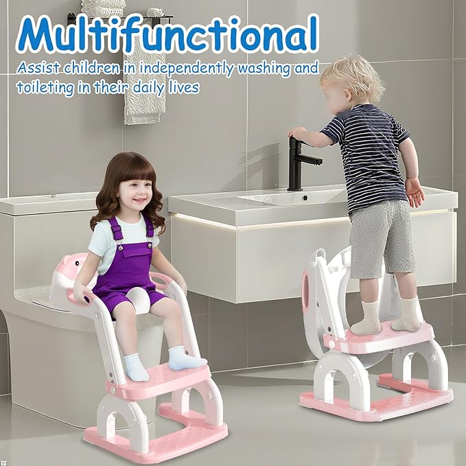Potty Training Seat for Toddlers - Upgrade 2-in-1 Toilet Seat Toilet Ladder for Kids Children Boys Girls, Anti-Slip Pad & Adjustable Height with Waterproof PVC Cushion - Pink