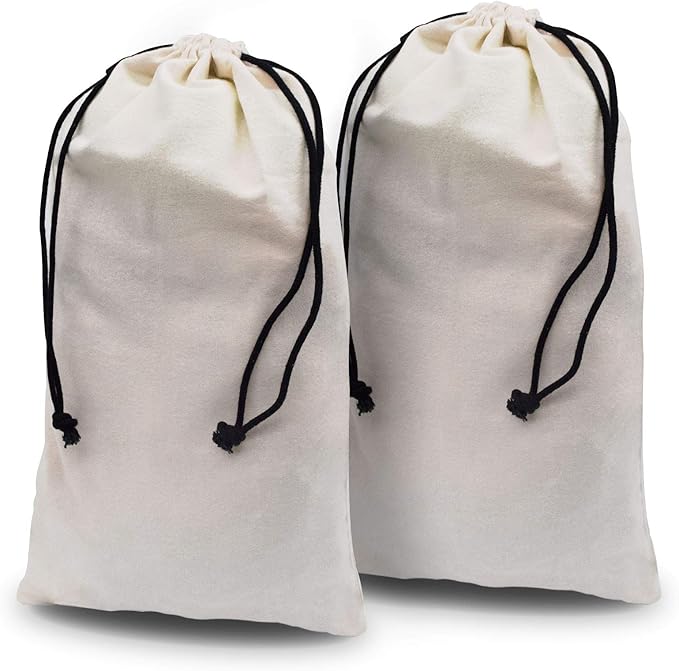 ZENPAC Travel Shoe Bag, Beige Duster Flannel Pouch Drawstring Closure, Washable Breathable Cotton Fabric for Cowboy Boot Storage, Luggage, 12x17, 2 Pack