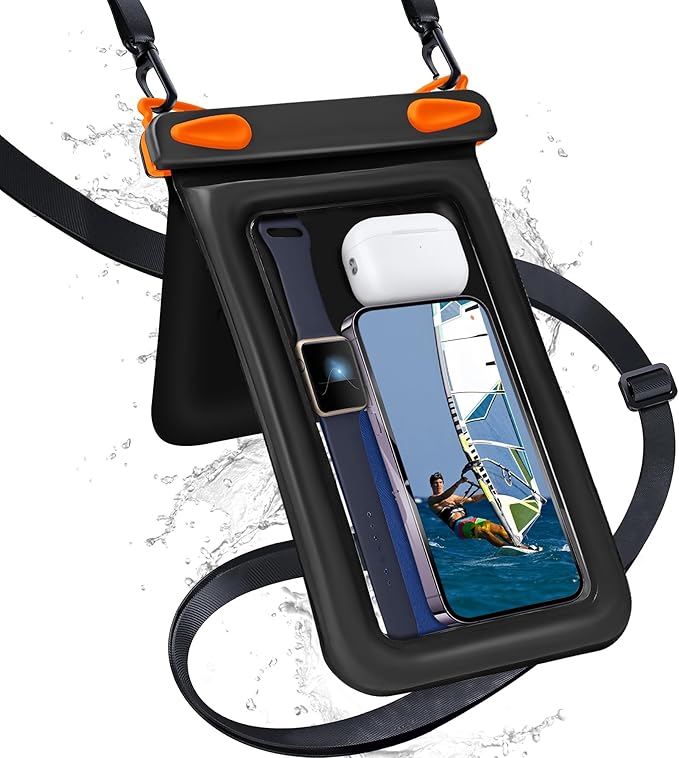 Waterproof Phone Pouch Double Pocket, Floating IPX8 8.5 inch Waterproof Phone Case for Beach Vacation Essentials for Compatible IPhone16 15 14 Pro Max Galaxy S25 S24 Ultra Phone Pouch Orange