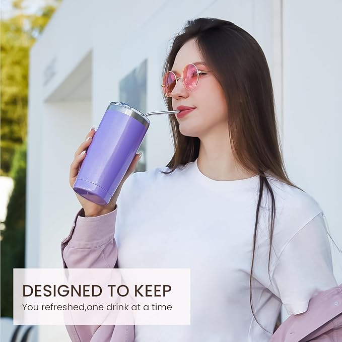MEWAY 20oz Tumbler 4 Pack Double Wall Vacuum Insulated Travel Glitter Mug Bulk, Stainless Steel Tumblers with Lid and Straw, Powder Coated Coffee Cups for Woman(Rainbow Purple,Set of 4)
