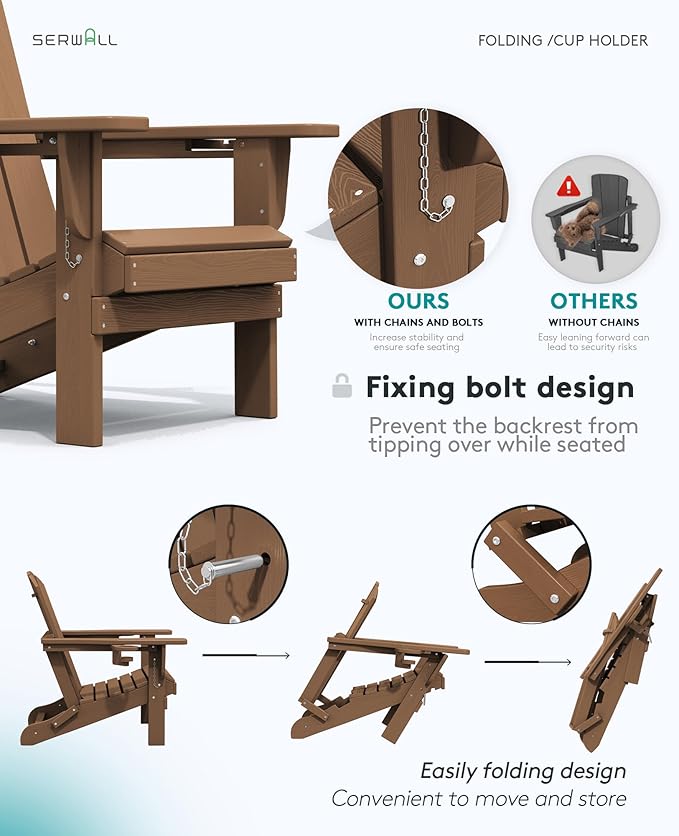 SERWALL Adirondack Chair with Cup Holders - Composite Adirondack Chairs Set of 8 HDPE Outdoor Chairs All Weather Use- Brown