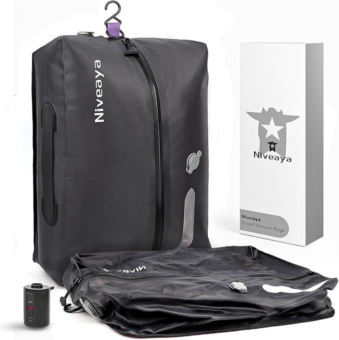 Niveaya Vacuum Bags for Travel with Wireless Pump, Reusable Compression Storage Bags for Suitcases & Closet, Space Saver, Waterproof & Durable