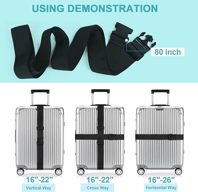 2Pcs Luggage Straps for Suitcase Travel Accessories TSA Approved, 80In Long Belts to Keep Your Suitcase Secure, Adjustable Bag Straps with Quick-Release Buckle for Travel Bag Closure, Green