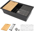 33 Inch Black Granite Composite Kitchen Sink Workstations Black Quartz Undermount Single Bowl Sink with Accessories Single Basin Large Capacity Noise Reduction Quiet Kitchen