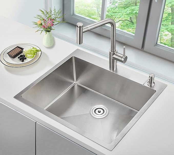 POPFLY 25×18 Inch Drop in Kitchen Sink, 18 Guage Stainless Steel 9 Inch Deep Sink, 25 Inch Top mount Kitchen Single Bowl 2 Holes Sink, Brushed Nickel