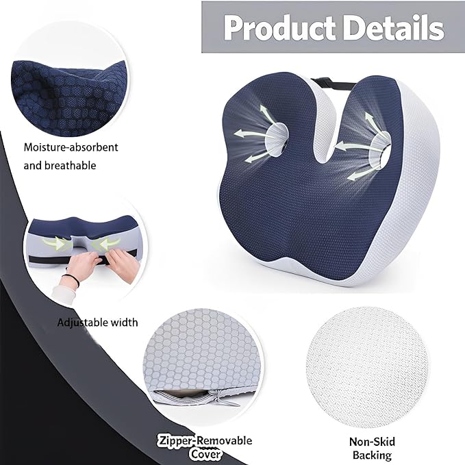 Seat Cushion, Seat Cushion for Sit Bone and Back Pain Relief, Butt, Tailbone, Hip, Hamstring, Posture Support - Memory Foam Comfort Ischial Tuberosity Pillow (Black)