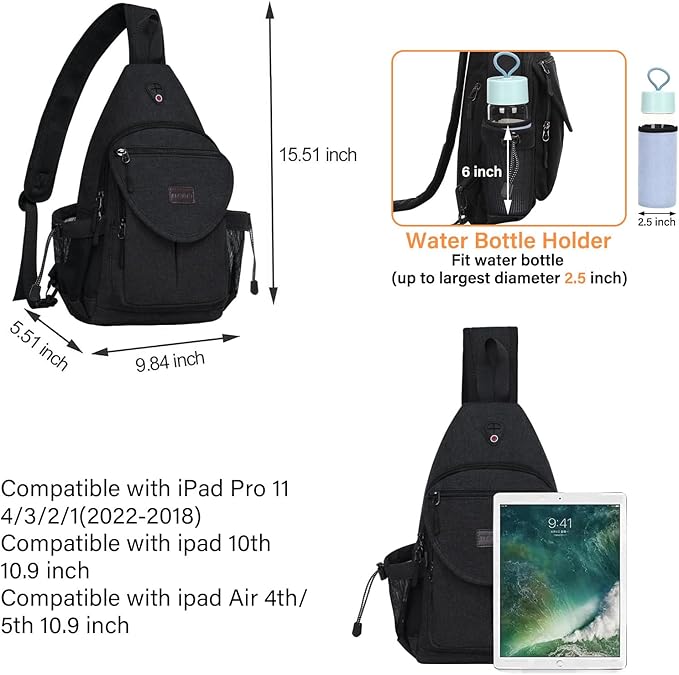 MOSISO Sling Backpack,Canvas Crossbody Hiking Daypack Bag with Anti-theft Pocket, Black