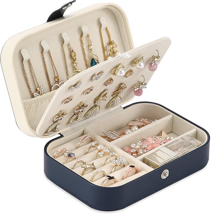 Travel Jewelry Box, PU leather Small Jewelry Organizer For Female Girls, double layer portable mini travel case for storing earrings, rings, necklaces.(dark blue)