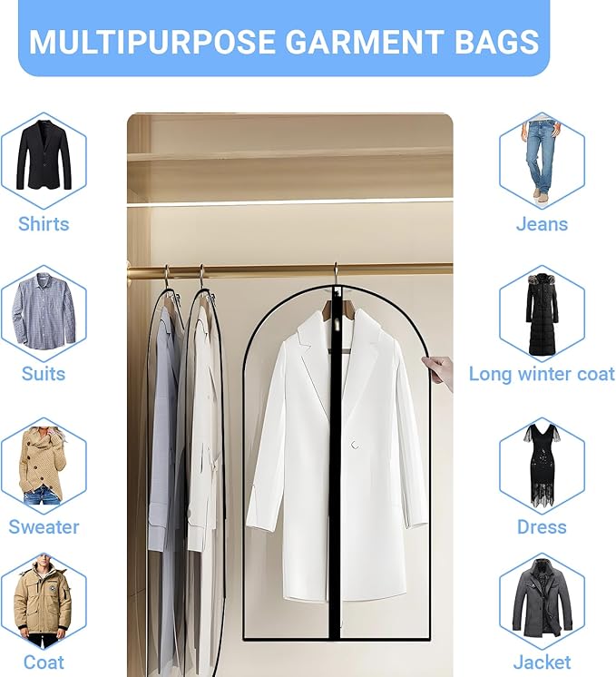 Garment Bags for Hanging Clothes 24'' x 54'' (Set of 12) Coat Covers for Closet Foldable Washable Dress Bags for Hanging Clothes for Long Dress Dance Costumes Suits Gowns Coats
