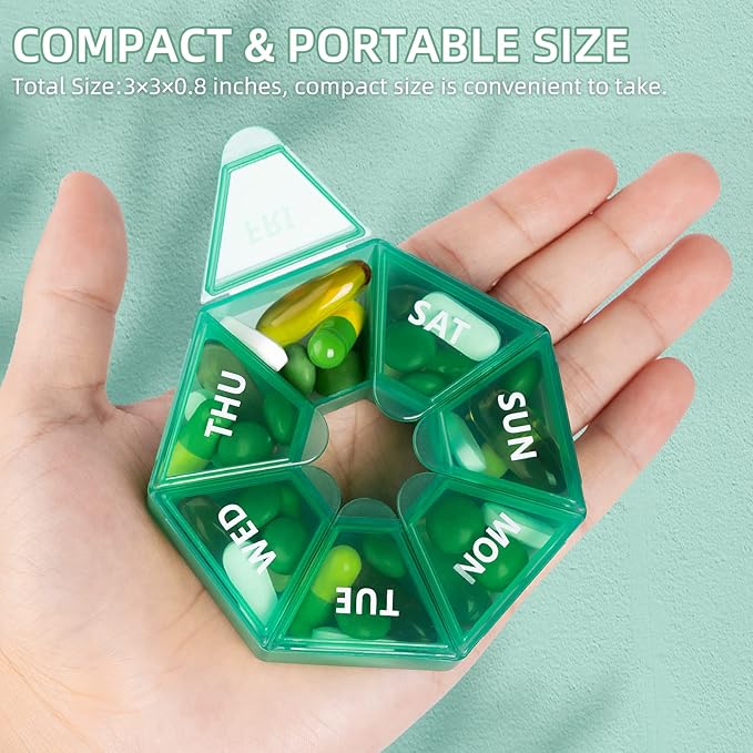Weekly Pill Organizer, 2 Pack Portable Pill Box Medicine case 6 Colors (Seven Day) New Edition for Vitamin/Fish Oil/Pills/Supplements-Arthritis Friendly (Cyan)