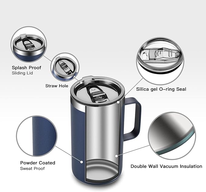 KXIAOCHEN 20oz Insulated Coffee Mug with Lid, Stainless Steel Coffee Cup, Double Wall Vacuum Coffee Tumbler with Handle, Premium Thermal Travel Coffee Mug (Navy Blue)