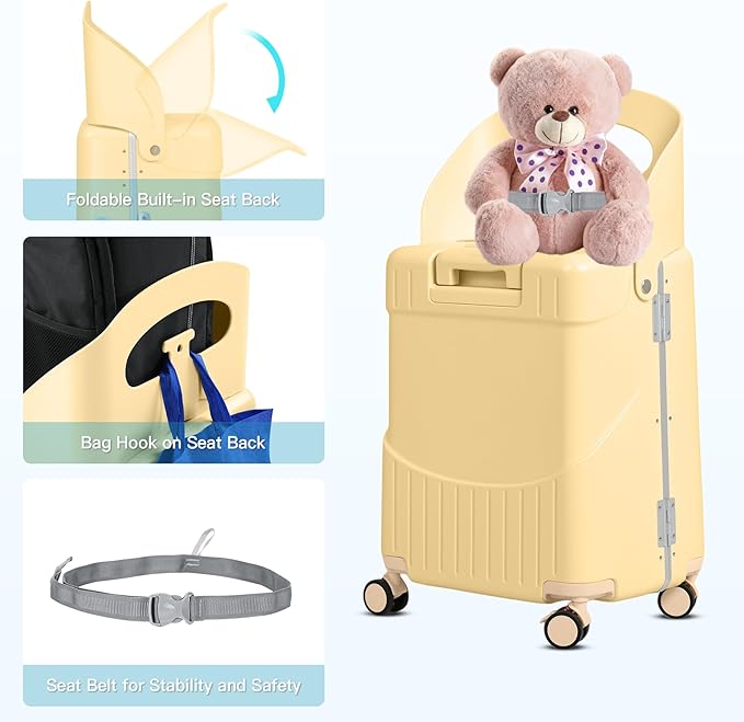 20" Carry-On Luggage with Seat for Kids & Adults, Lightweight Hardside Ride-On Suitcase with Front Opening, TSA Lock, 360° Spinner Wheels (Yellow, 20-inch)
