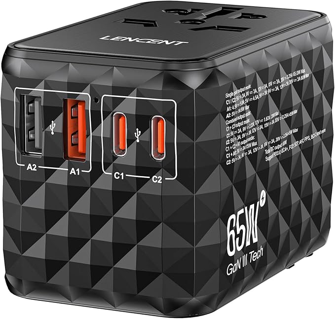 LENCENT 65W Universal Travel Adapter, GaN International Fast Charger 2 USB-A & 2 USB-C Power Plug Converter, Power Outlet Adapter for Phones,Laptops, All in One Travel Essentials for EU/USA/UK/AU