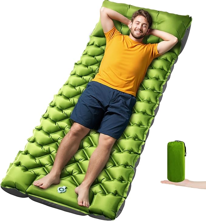 Ultralight Camping Sleeping Pad with Built-in Pillow & Foot Pump, Compact Inflatable Air Mattress for Backpacking, Hiking, Tent, Travel Camp & Outdoor Adventures