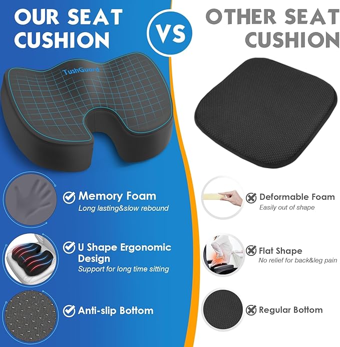TushGuard Seat Cushion for Office Chair Memory Foam Non-Slip Cushion Back, Coccyx, Sciatica, Tailbone Pain Relief Butt Pillow for Office Chair, Car, Wheelchair, Grey, XX-Large