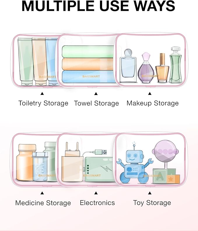 BAGSMART Clear Toiletry Bag, 2 Packs TSA Approved Water resistant Quart Size Travel Organizer, Airport Airline Travel Essential Carry On Makeup Cosmetic Bags for Women, Pink