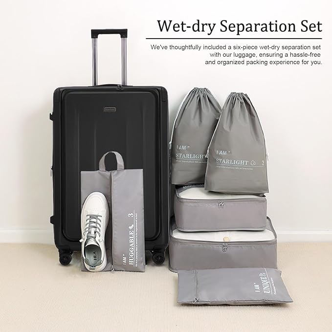 Premium Carry On Luggage, 20Inch&29 Inch Top Opening Airline Approved ABS+PC Hard Shell Suitcases with Silent Wheels, TSA Lock,Front Pocket and Wet-dry Separated Six-piece Set