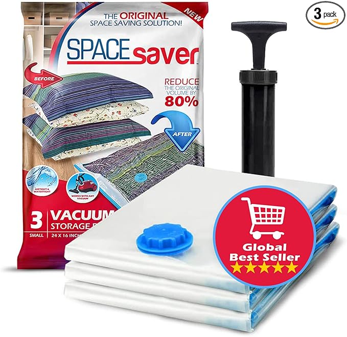 3 Pack Small Vacuum Storage Bags for Comforters, Blankets & Clothes – Vacuum Sealed Compression Bags with Hand Pump – Space Saver Storage Bags for Bedding, Moving, Travel & Organization