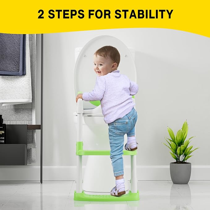 Potty Training Seat with Step Stool Ladder, Toddler Toilet Seat with PU Cushion, Adjustable 5-Level Height, Foldable Potty Training Toilet for Kids Boys Girls, Anti-Slip Pads Ladder