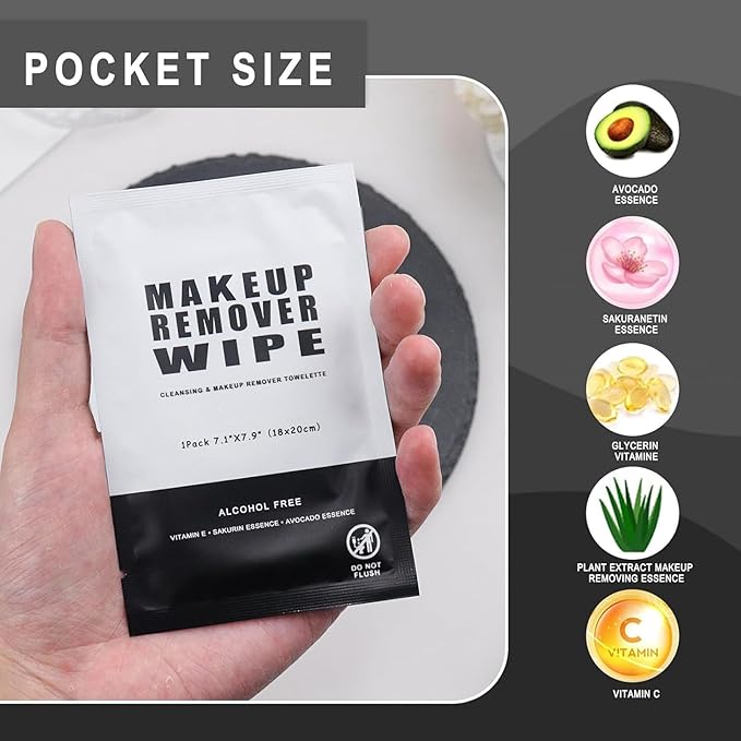 200 Count Makeup Remover Wipes Individually Wrapped Makeup Wipes Bulk Face Cleansing Wipes,Individual Wet Wipes, Travel Towelette Makeup Remover Cloth for Face Cleansing Skin Care Remove Makeup(Black)