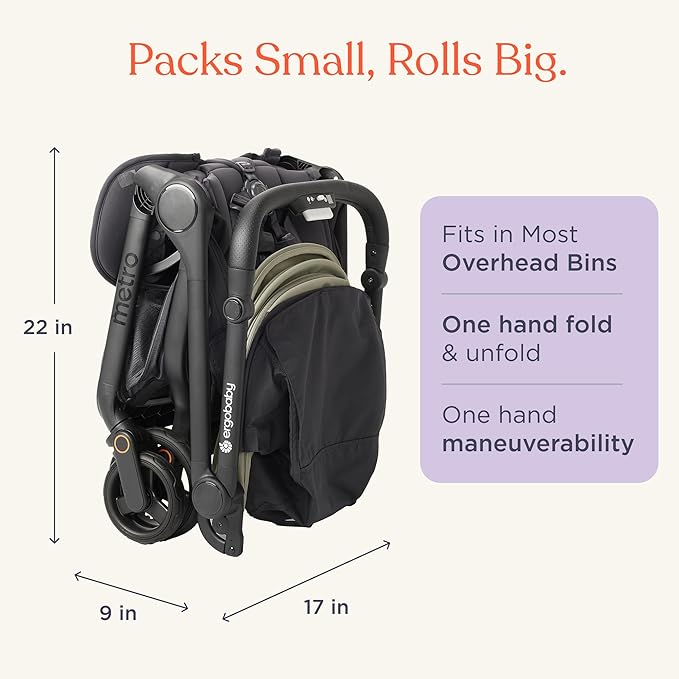 Ergobaby Metro 3 All in One Compact Baby Stroller, Lightweight Travel Stroller, Easy One-Hand Fold for Overhead Airplane Storage (Carries up to 50 lbs), Car Seat Compatible, Onyx Black